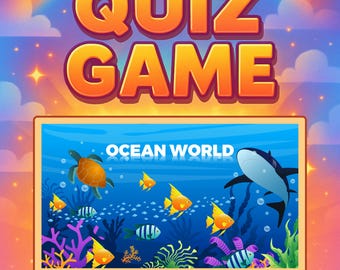 以下が含まれることがあります： 「Ocean World」クイズゲームを表示するコンピューター画面。画面には、カメ、魚、サメが登場する漫画の海のシーンが表示されます。「QUIZ GAME」の文字が、画面上部に大きくオレンジ色の3D文字で表示されています。
