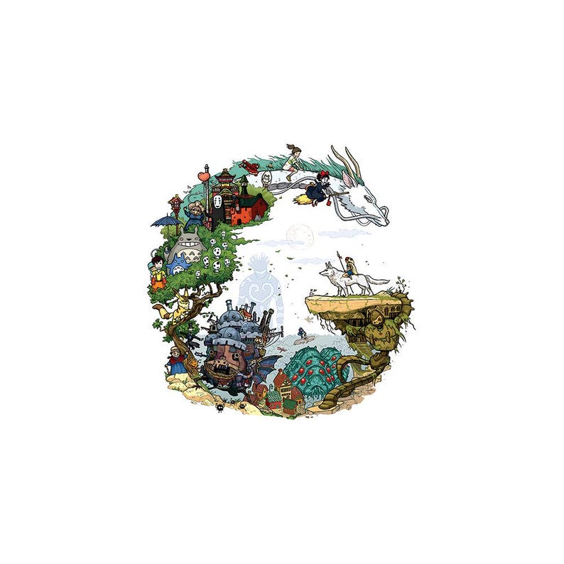 May include: A colorful illustration of various characters and scenes from Studio Ghibli films, arranged in the shape of a letter "G". The design includes characters from Spirited Away, Howl's Moving Castle, and Princess Mononoke, among others, set against a white background.
