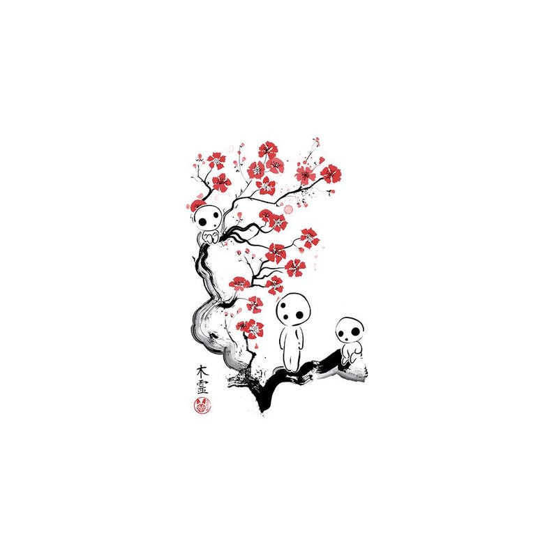 May include: Black and white illustration of a tree with red flowers and three small, white figures with black eyes. The tree has a twisted trunk and branches. Japanese text is present.