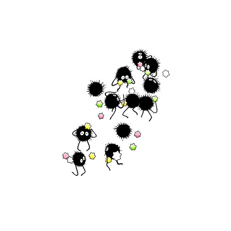 May include: A whimsical illustration featuring a group of black, fluffy soot sprites with expressive eyes and simple limbs. They are interspersed with colorful star-shaped candies, set against a clean white background. The design has a playful, cartoonish aesthetic.