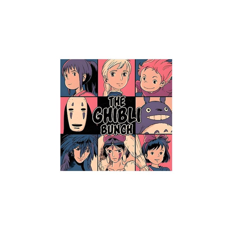 Puede incluir: Gr&aacute;fico cuadrado con nueve retratos de personajes de pel&iacute;culas de Studio Ghibli, sobre fondos rosas y negros. El texto "THE GHIBLI BUNCH" est&aacute; centrado. Los personajes incluyen a Sin Rostro y Totoro de El Viaje de Chihiro.