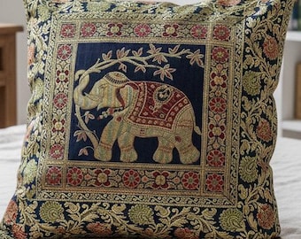 Black Gold Elephant Brocade Cushion Cover 16x16 Indian Vintage Asian Decor Boho Pillow 40X40 cm