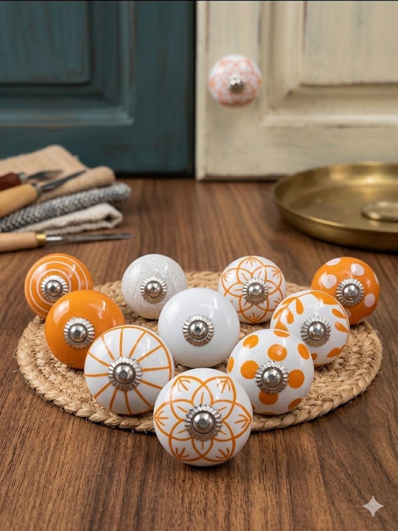 Assorted Orange Ceramic Drawer Knobs, Handmade Cabinet Knobs, Decorative Dresser Pulls, Cupboard Door Handles, Furniture Knobs set of 10 image 2