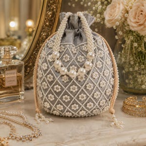 Könnte beinhalten: Ein grauer Beutel mit Kordelzug, verziert mit einem Rautenmuster aus weißen Kunstperlen und kleinen Blumen aus Perlen. Die Tasche verfügt über einen dicken Perlenhenkel und zwei goldfarbene geflochtene Kordeln mit Perlenenden.