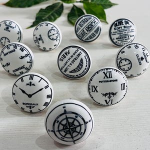 Perillas de cerámica con estampado de reloj vintage, perillas para cajones en blanco y negro, tiradores para gabinetes y tocadores, juego de 10, decoración rústica