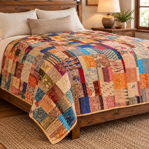 Op de afbeelding: Een patchwork sprei met een verscheidenheid aan rechthoekige stoffen lappen in levendige tinten blauw, oranje, rood, geel en groen. De sprei toont diverse patronen, waaronder bloemen-, paisley- en geometrische prints, allemaal verbonden door zichtbare stiknaden.