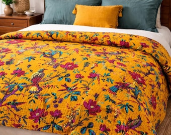 Manta india amarilla Kantha, colcha de algodón hecha a mano / Manta Kantha vintage india / Manta reversible / Ropa de cama bohemia