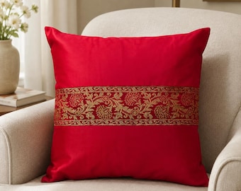 Red Satin Silk Cushion Cover 16x16 Inch Golden Floral Brocade Throw Pillow Case for Sofa Bed Living Room Decor