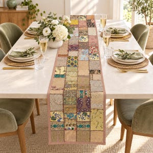 Caminho de mesa bege em patchwork de algodão feito à mão, bordado, estilo boho, para decoração de sala de jantar, rústico, ideal para casamentos, presente exclusivo, neutro, 45 x 152 cm.