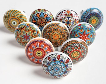 Vintage dresser knobs Set of 10 Colorful Ceramic Drawer Knobs, Boho Cabinet Knobs, Handmade Dresser Pulls, Decorative Cupboard Handles