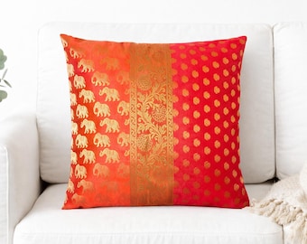 Red Brocade Silk Cushion Cover, Indian Elephant Boho Pillow, 16x16 Ethnic Sofa Decor