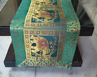 Emerald Green Silk Brocade Table Runner: Elephant Tapestry, Boho Indian Decor