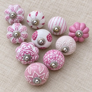 Pink Ceramic Cabinet Knobs Assorted, Set of 10, Decorative Dresser Drawer Pulls and Cupboard Handles