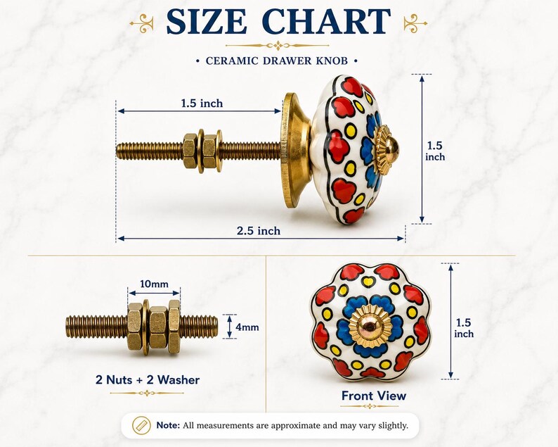 Op de afbeelding: Een keramische ladeknop met een bloemmotief in rood, blauw en geel op een witte achtergrond. De knop heeft een messingkleurige metalen voet en bout. De afbeelding bevat een maattabel met een diameter van 3,8 cm en een totale lengte van 6,35 cm.