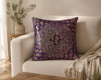 Purple Brocade Cushion Cover, Gold Elephant Pillow Case, Indian Silk Boho Sofa Decor, Luxury Floral Throw Sham, Housewarming Gift