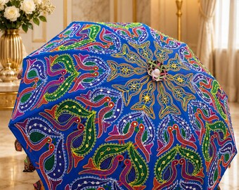 Handmade Embroidered Garden Umbrella, Colorful Bird Motif Patio Parasol, Boho Outdoor Decor, Indian Artisan Terrace Sun Shade