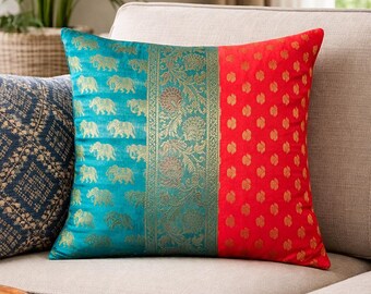 Blauwgroen en Rode Zijde Kussenhoes 16x16 Goud Olifant Indisch Brokaat Decoratieve Sierkussen Cover voor Sofa Bank Woonkamer Thuis decor