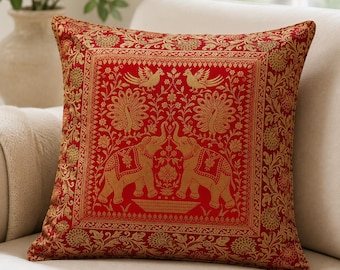Red Gold Brocade Silk Cushion Cover 16x16 Inch Elephant Peacock Decorative Pillow Case for Sofa Bed Living Room Decor