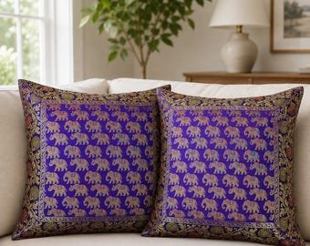 Ensemble de 2 housses de coussin à motif éléphant violet, taies d'oreiller en brocart doré 40 x 40 cm, accessoire décoratif indien pour canapé, décoration bohème pour salon