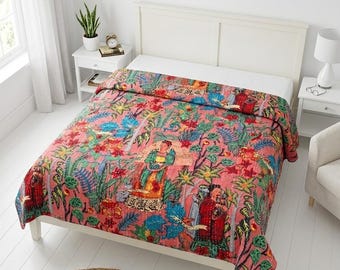 Guest Room Decor Peach Tropical Floral Kantha Quilt Twin And Queen Handmade Cotton Blanket Indian Vintage Kantha Throw Reversible Folk Art