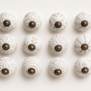 White Ceramic Cabinet Knobs Set, Embossed Floral Drawer Pulls, Antique Brass Dresser Handles, Boho Cupboard Hardware, Farmhouse Decor