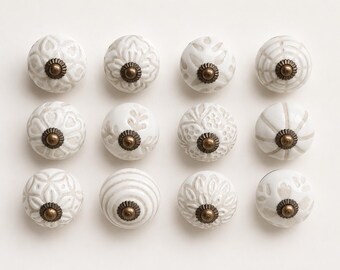 White Ceramic Cabinet Knobs Set, Embossed Floral Drawer Pulls, Antique Brass Dresser Handles, Boho Cupboard Hardware, Farmhouse Decor