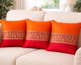 Set of 3 Indian Orange Red Silk Cushion Covers, Boho Ethnic Sofa Pillow Decor Decorative Silk Throw Cover Ethnic Living Room Home Decor