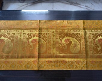 Yellow Brocade Silk Table Runner, Banarasi Art Silk, Boho Wedding Decor, Luxury Home Centerpiece
