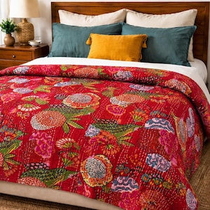 Red Handmade Kantha Quilt Floral Bedspread, Reversible Cotton Kantha Blanket, Indian Block Print Quilt Boho Bedding Throw Vintage Bed Cover