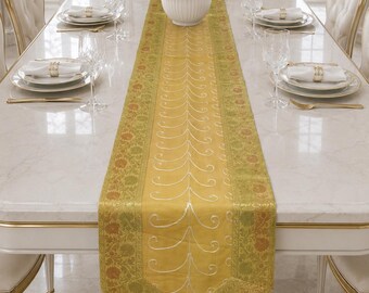Luxe goudbrokaat zijde tafelloper geborduurde eettafel met kwastje, elegante bloemenrand bruiloft feestelijk huisdecor 14 x 72 inch
