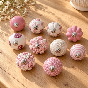 Assorted Pink Floral Ceramic Cabinet Knobs, Set of 4, Decorative Drawer Pulls for Dressers and Cupboards