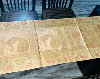 Brocade Table Runner, Peacock Floral Design, White Gold Indian Home Decor (16x60 Inch)