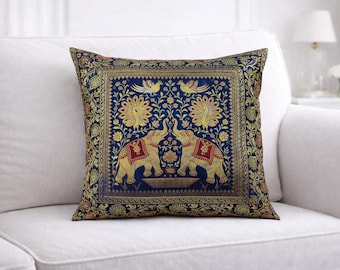Funda de cojín de brocado de lujo para decoración moderna del hogar. Funda de almohada de brocado con elefante azul: cojín decorativo estilo boho indio (40 x 40 cm).