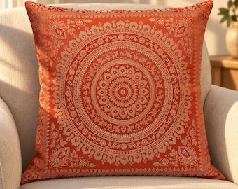 Orange Brocade Silk Cushion Cover 16x16, Gold Mandala Throw Pillow Case, Boho Sofa Accent, Indian Inspired Bedroom Decor