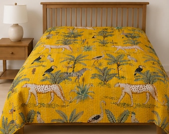 Yellow Safari Bedspread, Leopard and Tropical Bird Print Bed Cover with Palm Trees, Colourful Jungle Bedroom Decor