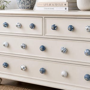 Assorted Hand Painted Blue Ceramic Drawer Knobs, Floral Cabinet Hardware Pulls, Decorative Furniture Knobs, Handmade Home Decor Gift