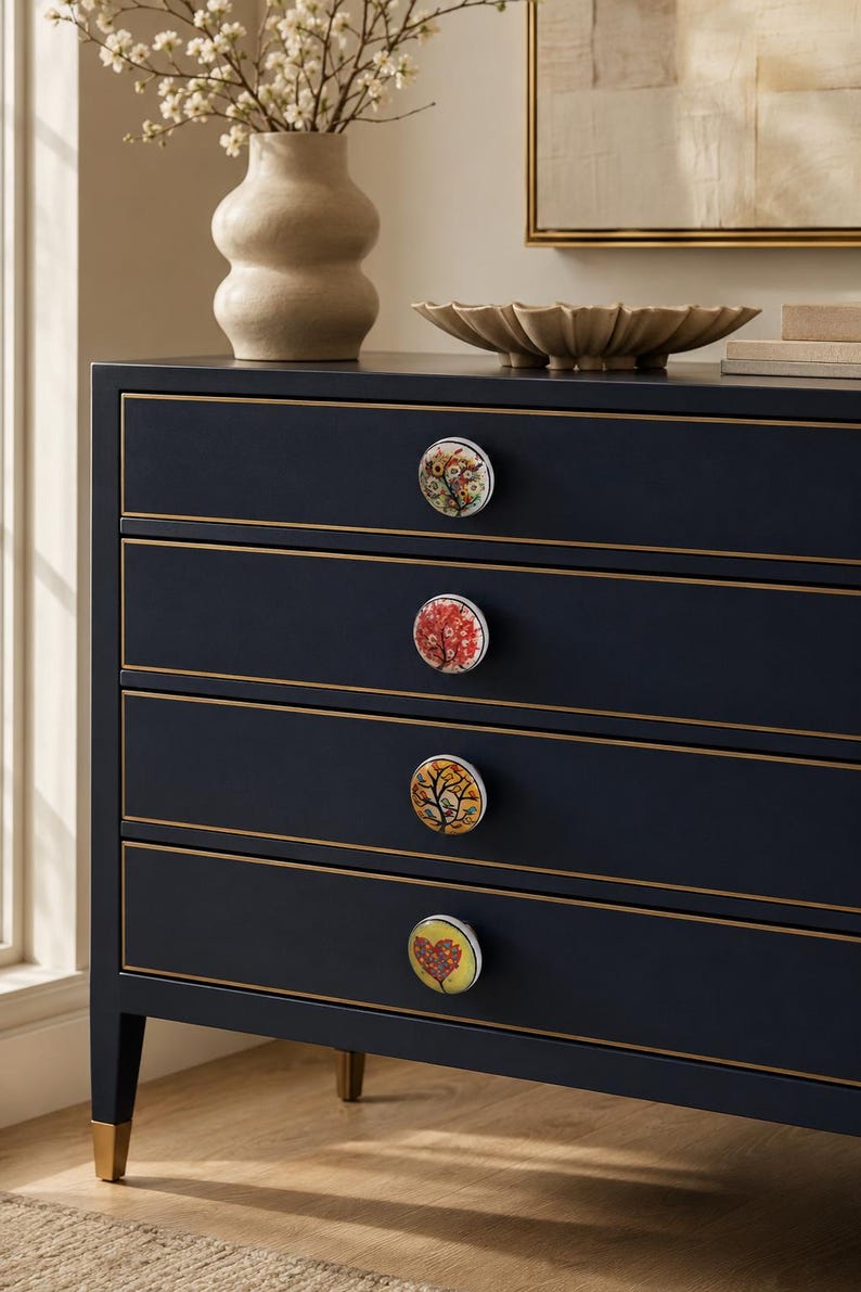 Ceramic Cabinet Knobs Set, Multicolor Tree Bird Drawer Pulls, Boho Dresser Handles, Decorative Cupboard Hardware, Housewarming Gift image 3