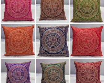 Brocade Silk Cushion Cover 16x16 Inch, Mandala Throw Pillow Cover, Colourful Indian Sofa Decor, Housewarming Gift