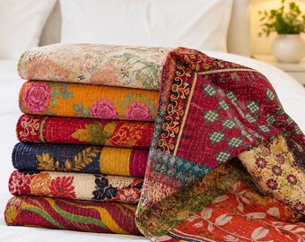 Set of 1 Assorted Kantha Quilt, Colorful Cotton Bedspread, Reversible Boho Throw Blanket, Sofa Cover, Unique Bedroom Decor