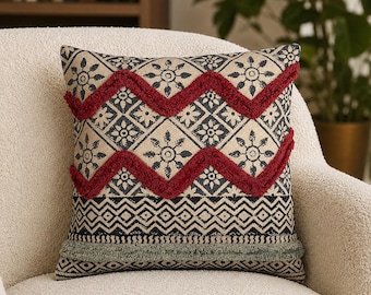 Red Tufted Cushion Cover Black Geometric Cotton Throw Pillow Boho Eclectic Sofa Bedroom Decor Textured Accent 40x40 45x45 cm Statement Piece