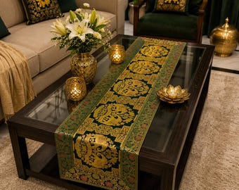Green Brocade Silk Table Runner 16x60 Gold Elephant Design Handmade Indian Table Runner Luxury Coffee Table Decor Dining Room Housewarming