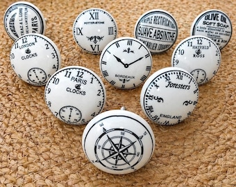 Boutons de meuble horloge vintage en céramique – poignées de tiroir bohème style antique (Ensemble de 10)