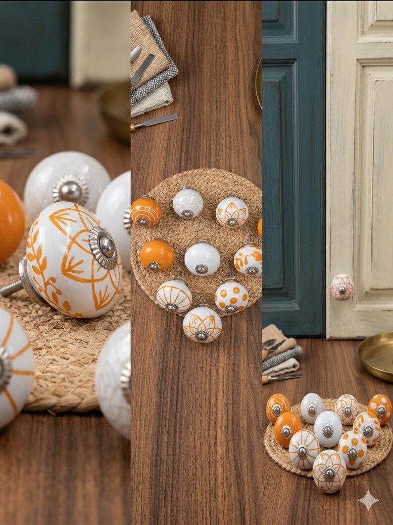 May include: A collection of round ceramic cabinet knobs featuring various patterns in orange and white. Each knob has a silver-toned metal base and center detail. The designs include floral motifs, stripes, and polka dots, displayed in groups.
