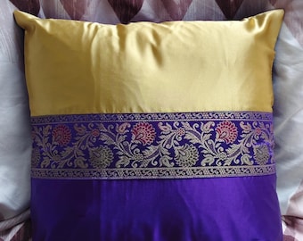 Purple Gold Silk Cushion Cover 16x16, Floral Brocade Pillow, Indian Decorative Throw Home Decor