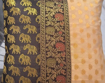 Designer Elephant Cushion Cover Black Gold Brocade Pillow Cover Decorative Throw Pillow Case Luxury Indian Home Decor