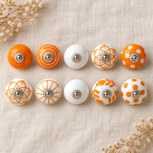 Orange Ceramic Drawer Knobs, Assorted Decorative Cabinet Pulls, Cupboard Handles for Kitchen Cabinets, Dressers and Furniture Makeovers