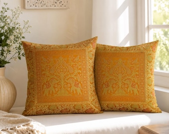 Set of 2 Mustard Gold Brocade Cushion Covers, Elephant Peacock Jacquard Pillow Cases, Indian Boho Sofa Bed Decor