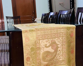Ivory Gold Peacock Table Runner Floral Brocade Coffee Table Cloth, Elegant Indian Dining Decor, 16x60 Inch, Wedding Centerpiece