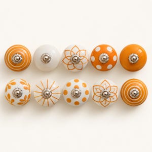 Orange and White Ceramic Cabinet Knobs, Assorted Floral Drawer Pulls for Dressers, Kitchen Cupboards and Wardrobes