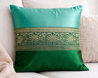 Fodera per cuscino in raso di seta verde 16x16 40 x 40 cm, cuscino ricamato in oro verde smeraldo, arredamento per divano di lusso, arredamento per la casa fatto a mano
